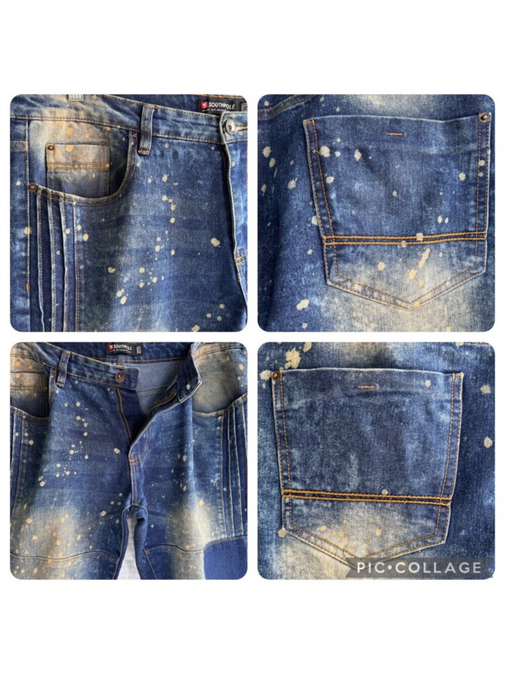 Southpole Mens Skinny Fit Blue Splatter Patchwork Jeans 36x32 Hip Hop Streetwear - Picture 11 of 13